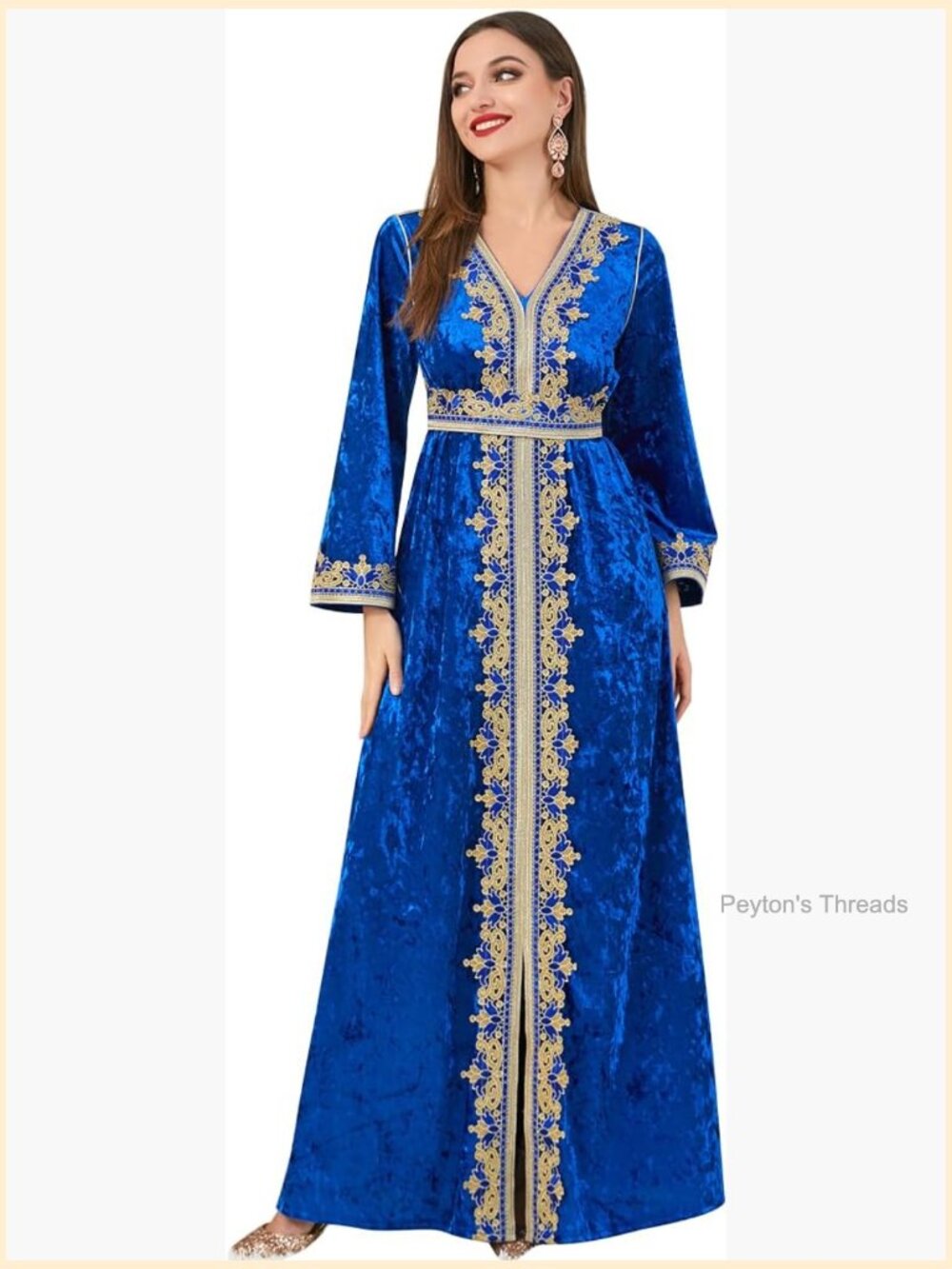 Velvet Embroidery Abayas Long Sleeve V-Neck Moroccan Maxi Kaftan Dubai Robe